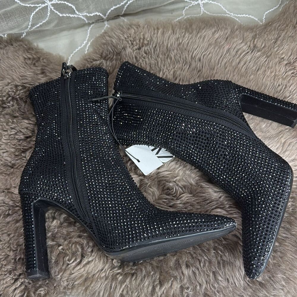 (W2) ZARA Women's Black Rhinestone Heeled Ankle Boots Size 37/6.5US - Picture 7 of 12